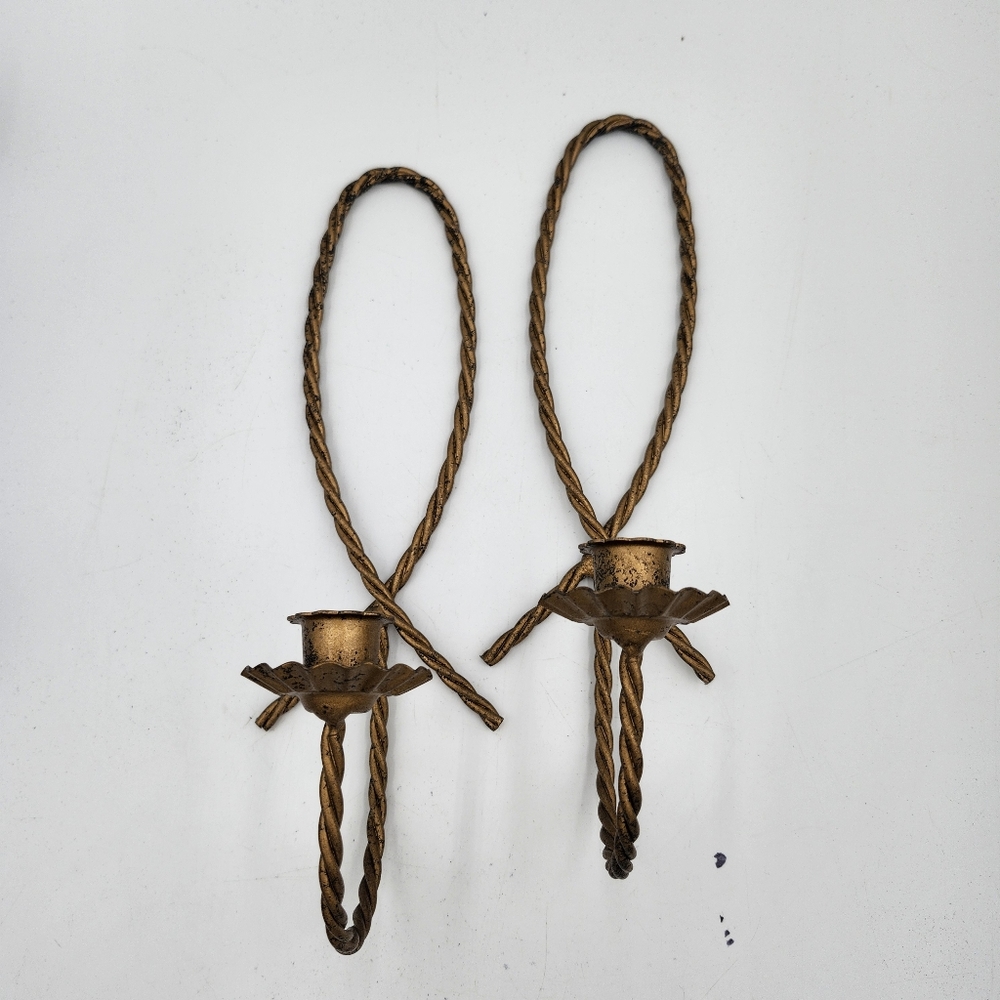vintage Home Interior twisted rope gold metal taper candle wall sconces holders